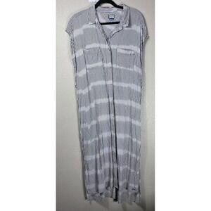 KAVU XL Gray White Striped Shirt Dress Button Front Rayon Side Vent Casual